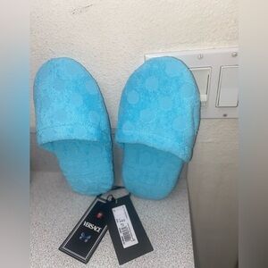 Versace S(5-6) La Vacanza Blue Bath Polka Dot Spa Slippers Terry Jacquard NWT